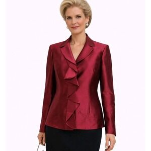 ALBERT NIPON Size 8 Reddish Ruffle Front Silk‎ Wool Blend Formal Blazer Jacket